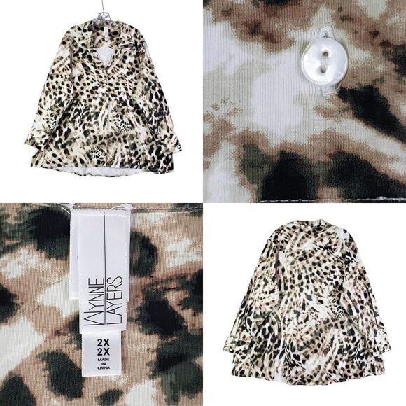 Wynne Layers Shirt Top Popover Tunic Womens Plus 2X LS Animal Print Collared - Picture 1 of 11